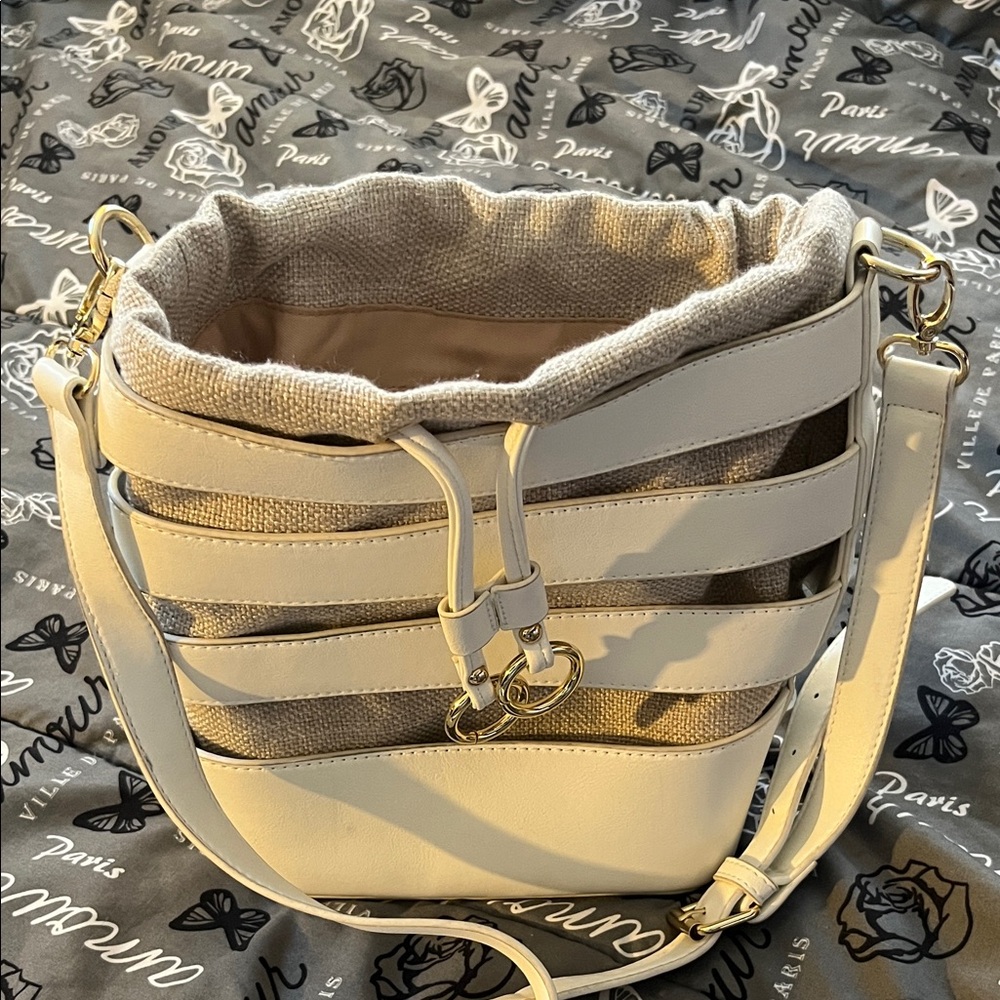JustFab Neutral Cream Bucket Bag with Gold Hardware
